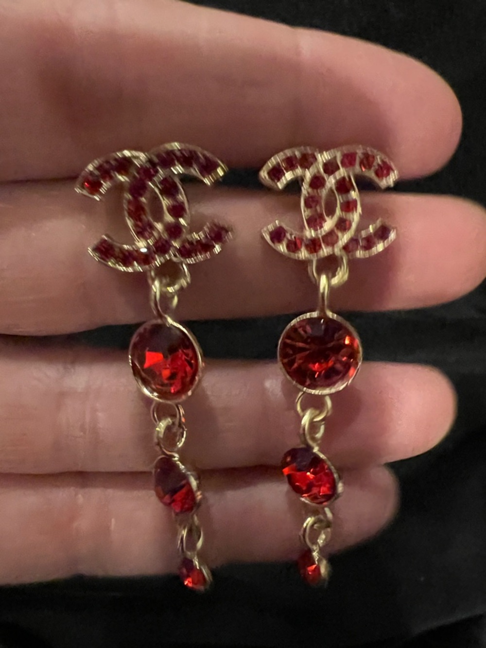 CHANEL Red Crystal Logo Drop Earrings - Gold Tone - Picture 12 of 13